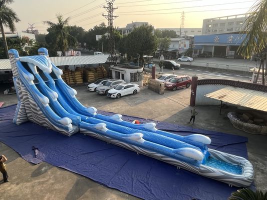 Large Waves Inflatable Water Slides With Long Pool Blue Color