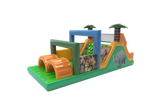 Jugle Theme Animal Rhino Inflatable Obstacle Course With Palm
