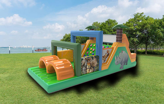 Jugle Theme Animal Rhino Inflatable Obstacle Course With Palm