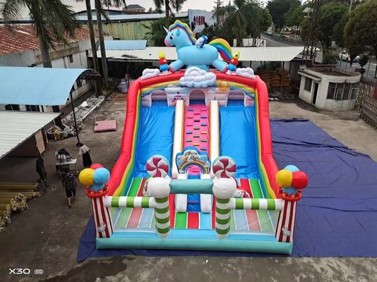 Rainbow Horse Two Parallel Channels Inflatable Slides With Candy Shaped Pillars