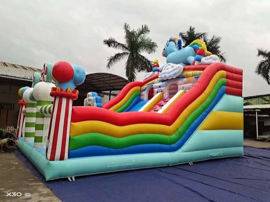Rainbow Horse Two Parallel Channels Inflatable Slides With Candy Shaped Pillars