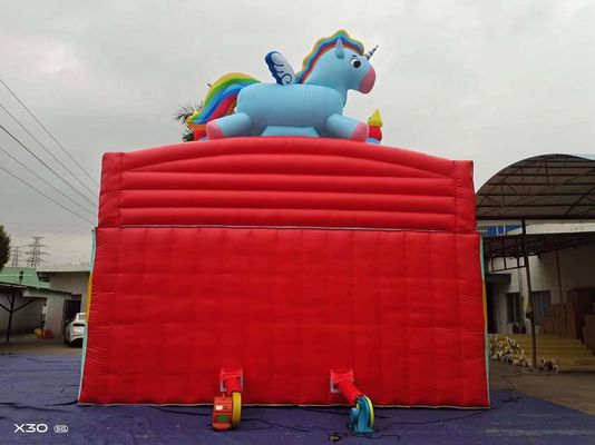 Rainbow Horse Two Parallel Channels Inflatable Slides With Candy Shaped Pillars