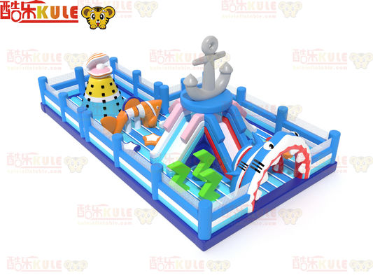Blue Ocean Theme Shark Inflatable Bouncy Playground With Clibing Slides
