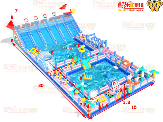 Large Inflatable Water Fun Park Obstacles Around Two Big Pool 15*30*7m