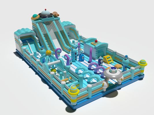 Blue Inflatable Commercial Bouncy Castle With Slides Obstacles