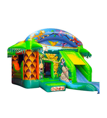 Green Slide Inflatable Castles Decorated With Patterns Of Monkeys And Birds