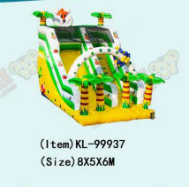 Yellow And Green Inflatable Slide With Tropical Theme And Palm Tree Decorations