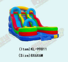 Brightly Colored Inflatable Slides With Blue Arched Structures