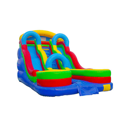 Brightly Colored Inflatable Slides With Blue Arched Structures