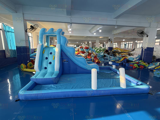Polyester Oxford Inflatable Blue Water Slide With Ocean Balls For Kids Fun Park